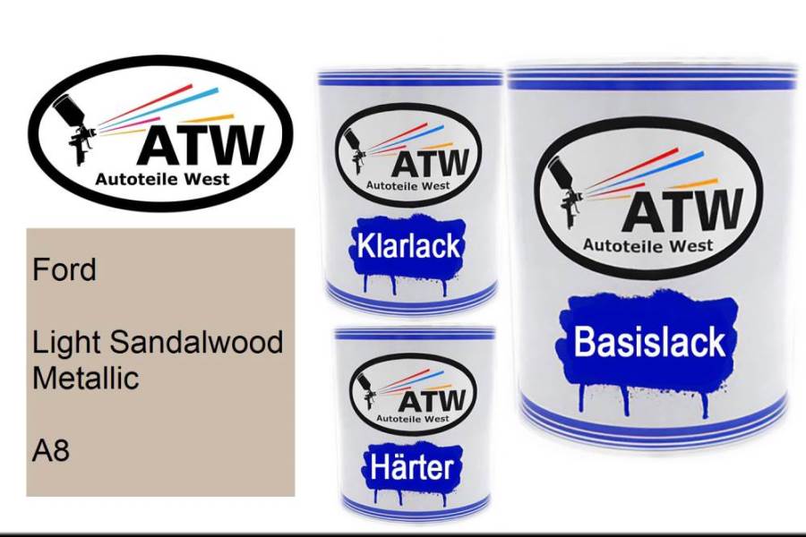 Ford, Light Sandalwood Metallic, A8: 1L Lackdose + 1L Klarlack + 500ml Härter - Set, von ATW Autoteile West.